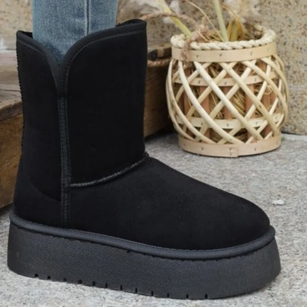 Platform Classic Short Boot Plush Faux Fur Vegan Suede Chunky Lug Winter Shoes